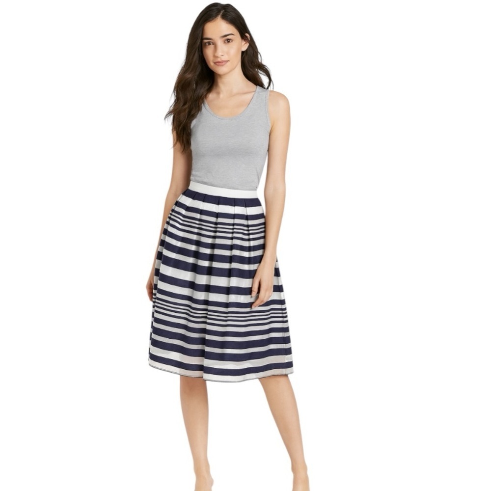 Modcloth White Blue Retro Coastal Striped Pattern A-Line Midi Skirt Size M